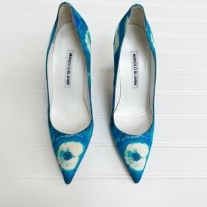 Manolo Blahnik BB Pump Heels 105 Blue White Tie-Dye Fabric Stiletto 36.5